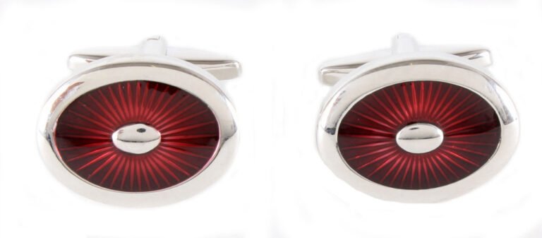 Burgundy Enamel Oval Rhodium Plate Cufflinks - Leonard Silver Cuff Links