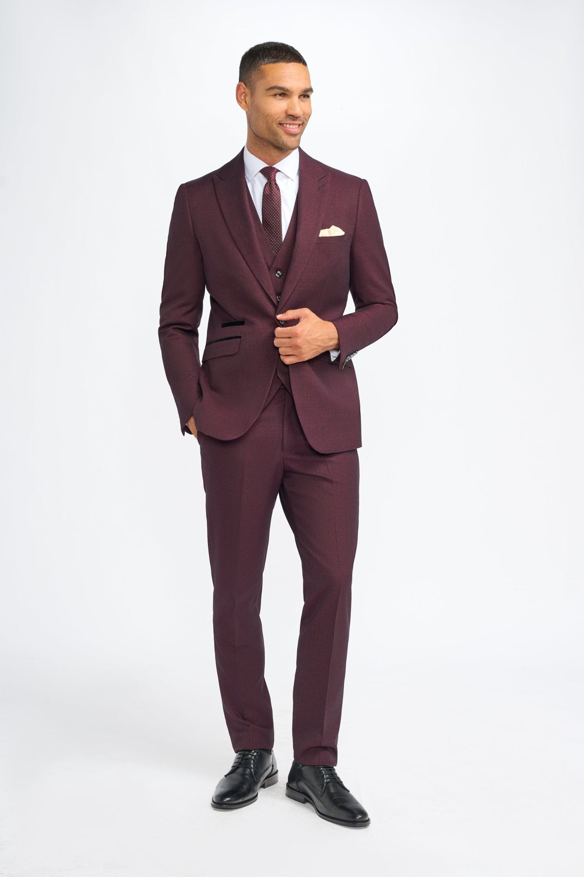 Burgundy Suit With Check & Peak Lapels - Leonard Silver Suits