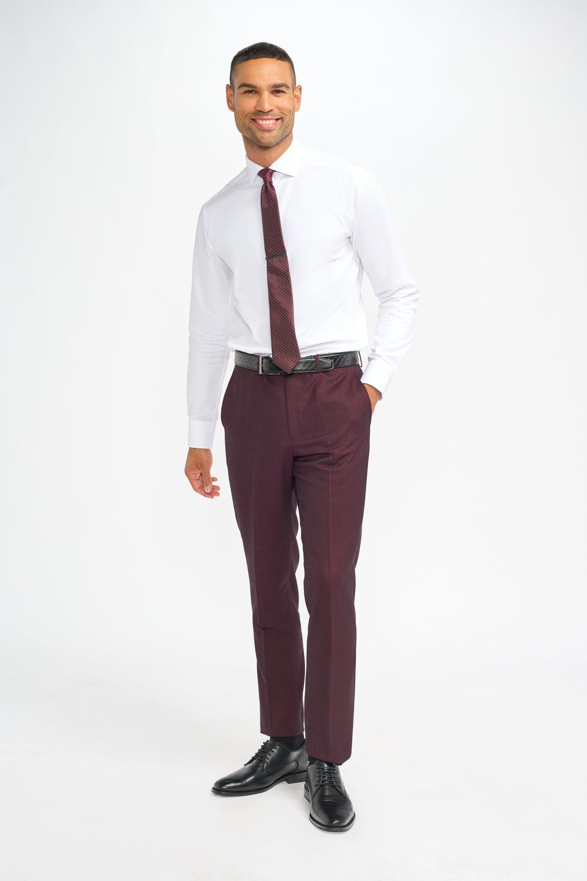 Burgundy Suit With Check & Peak Lapels - Leonard Silver Suits