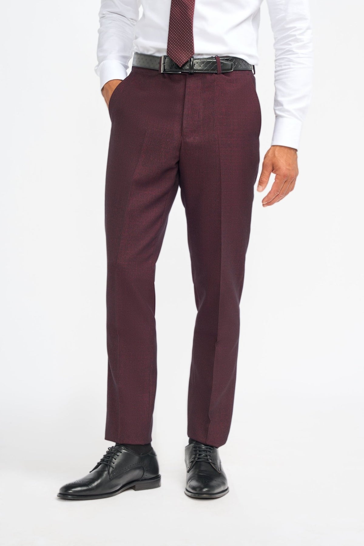 Burgundy Suit With Check & Peak Lapels - Leonard Silver Suits