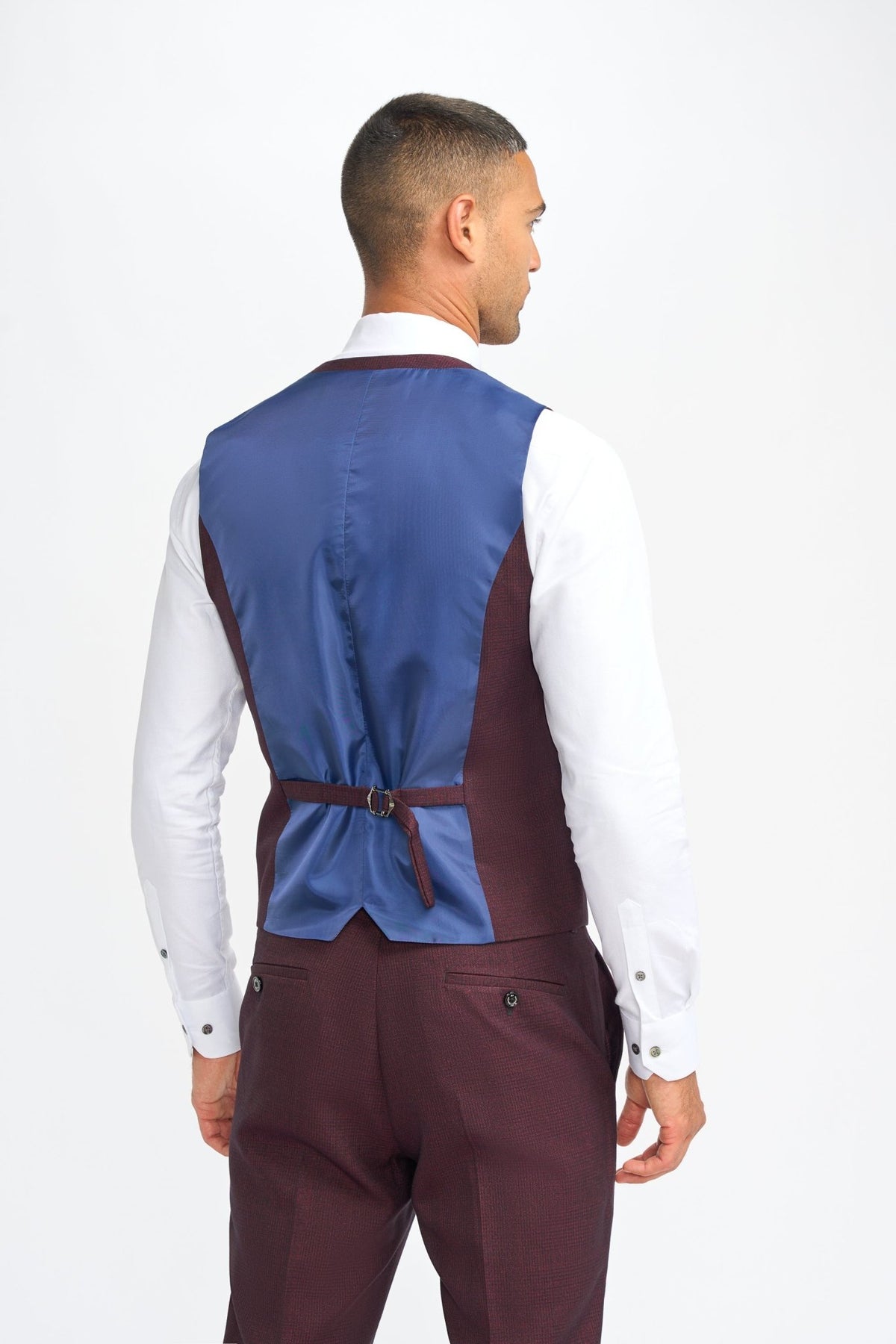 Burgundy Suit With Check & Peak Lapels - Leonard Silver Suits