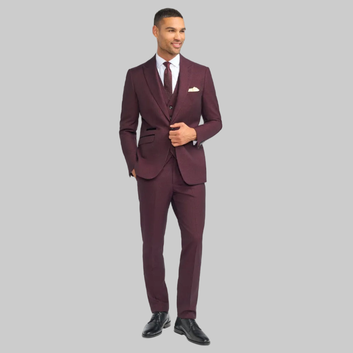 Burgundy Suit With Check & Peak Lapels - Leonard Silver Suits
