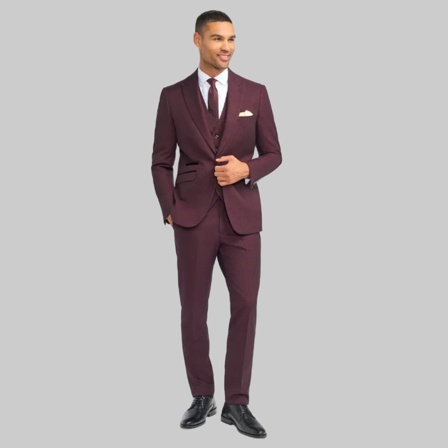 Burgundy Suit With Check & Peak Lapels - Leonard Silver Suits