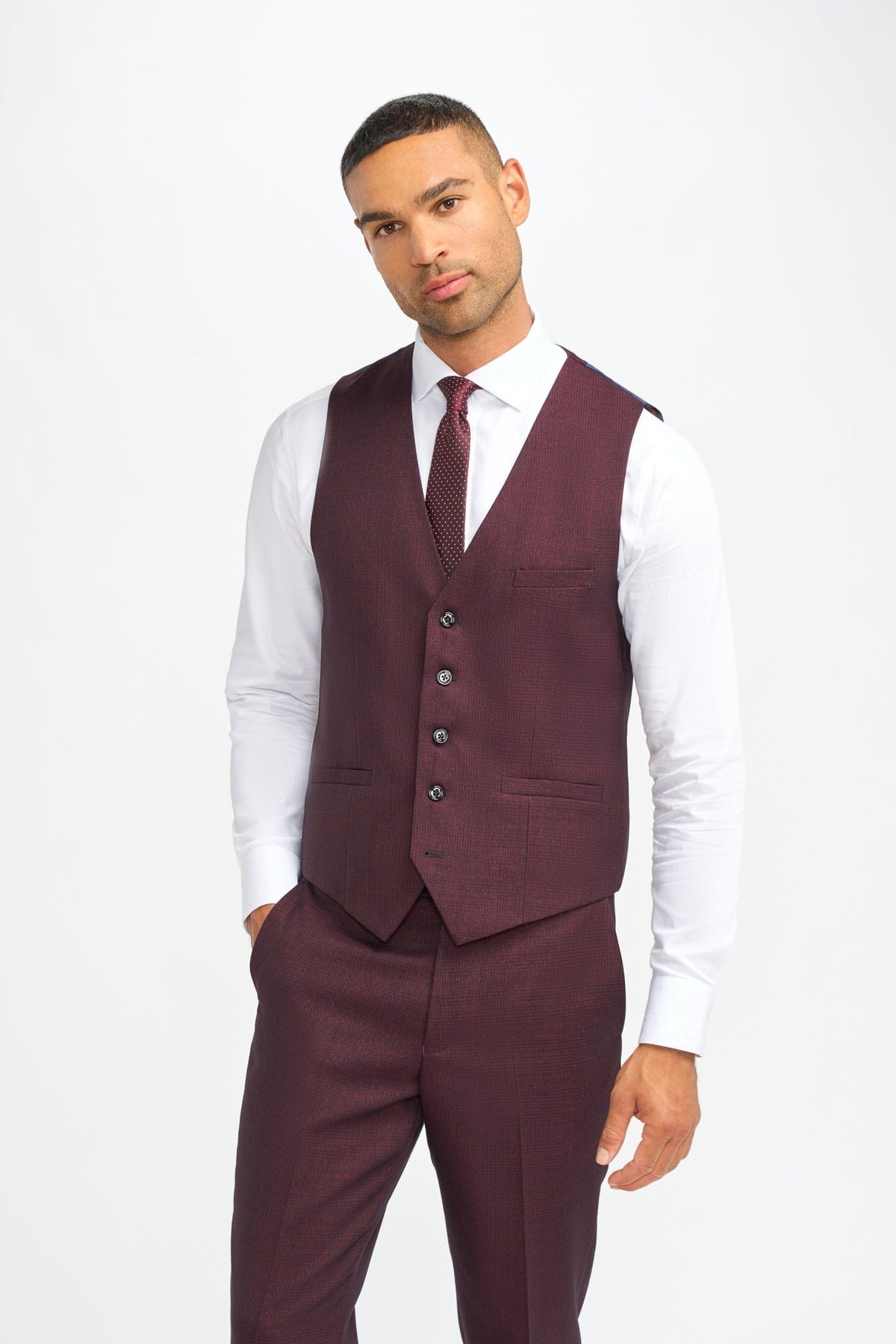 Burgundy Suit With Check & Peak Lapels - Leonard Silver Suits