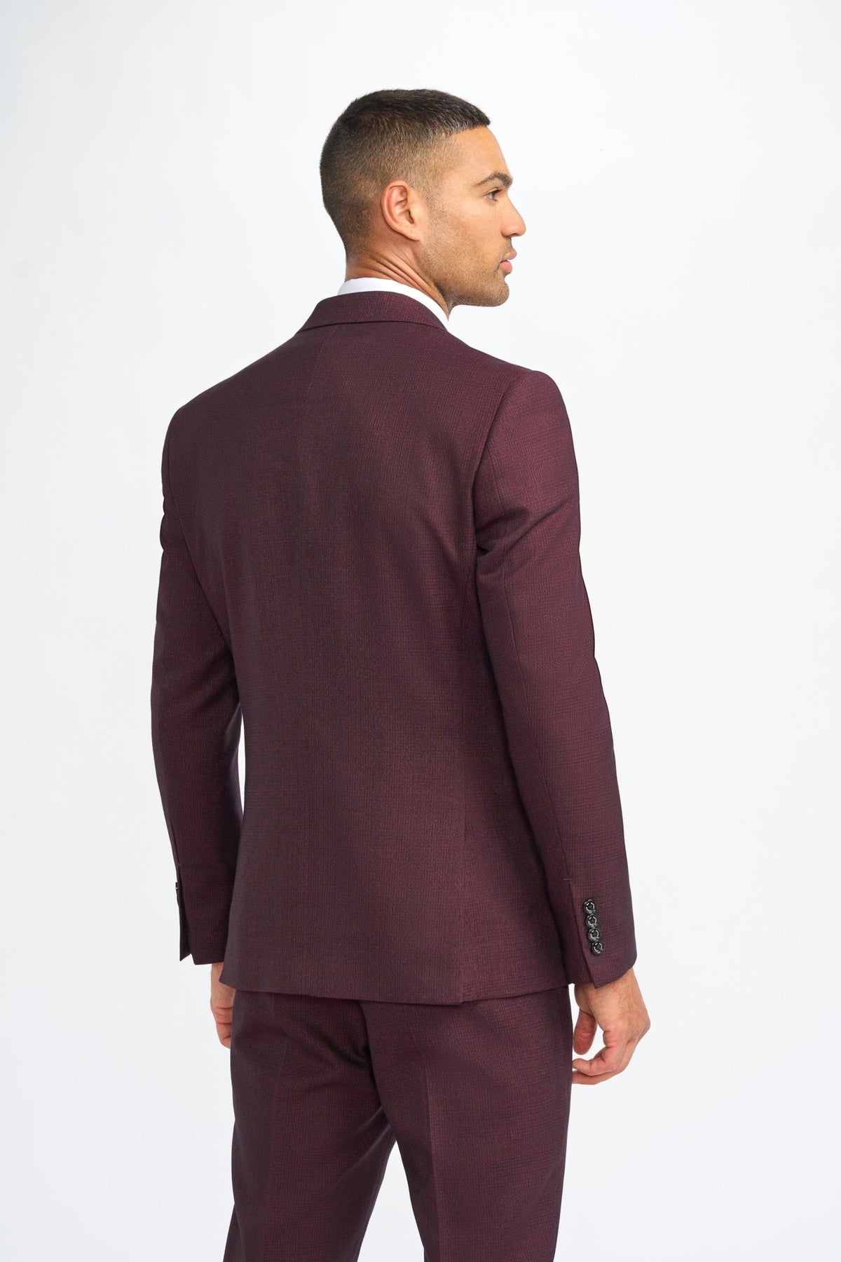 Burgundy Suit With Check & Peak Lapels - Leonard Silver Suits