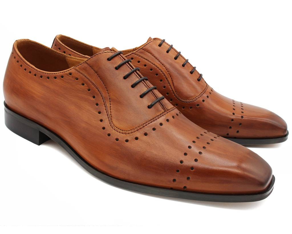 Pair of brown hand-painted leather oxford shoes, front three-quarter view
