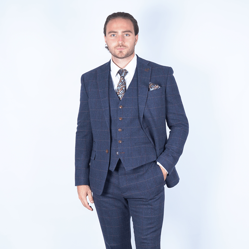 Complete Navy Blue Check Tweed Suit Outfit - Fast Bundle Shirts