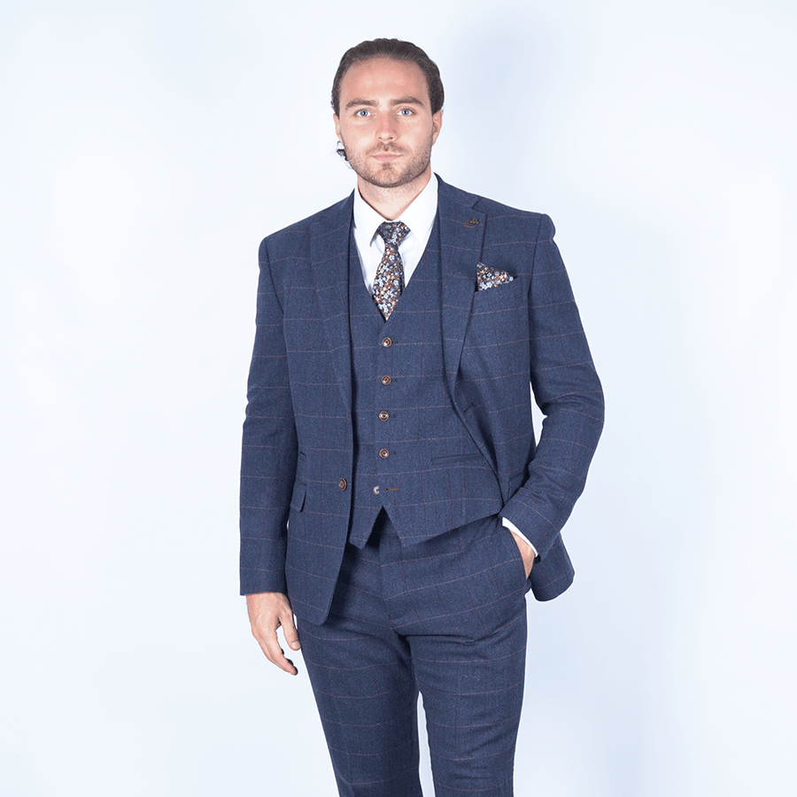 Complete Navy Blue Check Tweed Suit Outfit - Fast Bundle Shirts