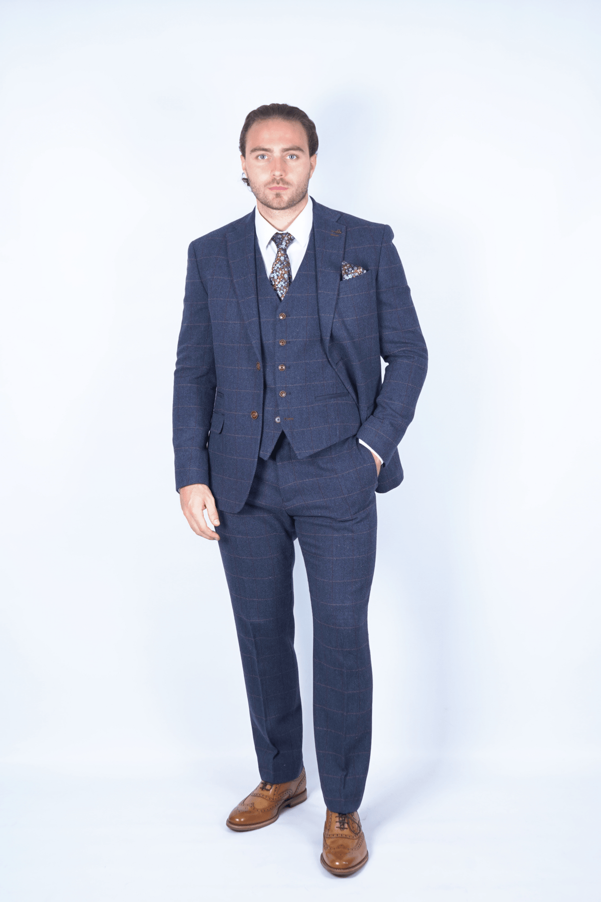 Complete Navy Blue Check Tweed Suit Outfit - Fast Bundle Shirts
