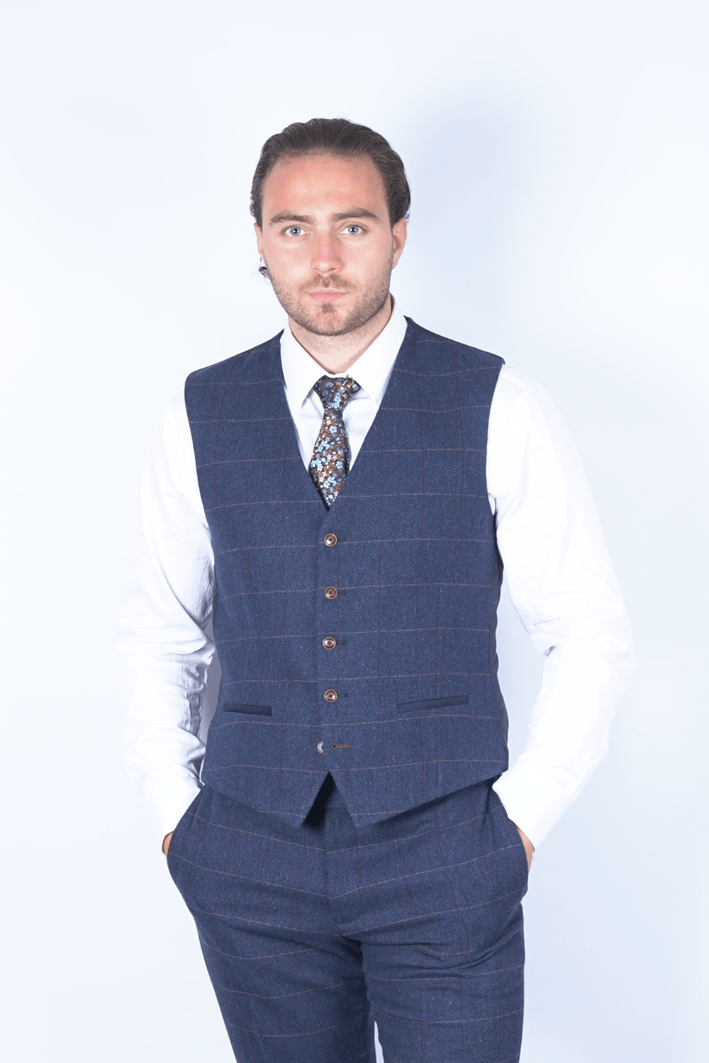 Complete Navy Blue Check Tweed Suit Outfit - Fast Bundle Shirts