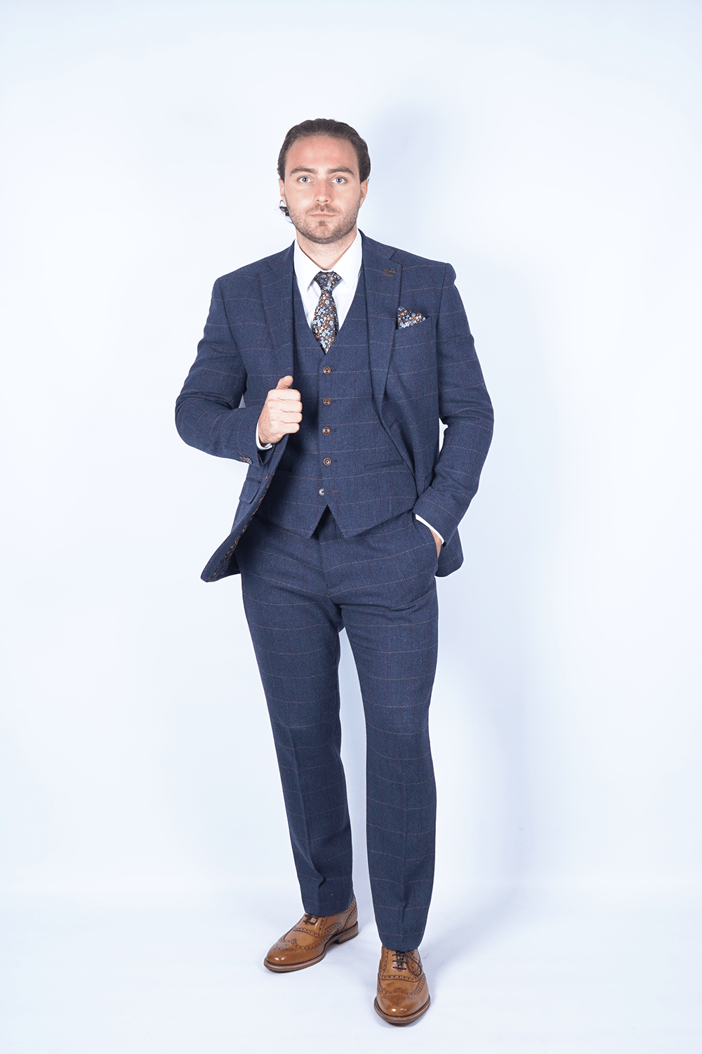 Complete Navy Blue Check Tweed Suit Outfit - Fast Bundle Shirts