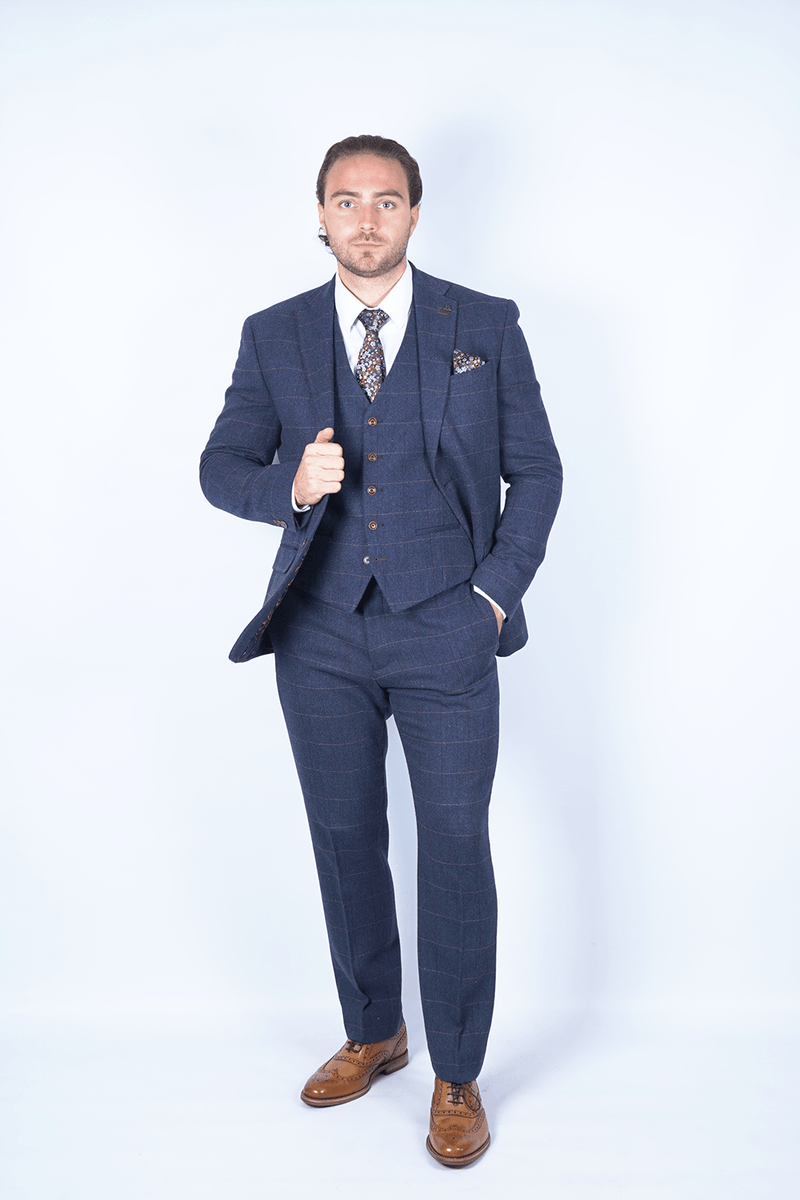 Complete Navy Blue Check Tweed Suit Outfit - Fast Bundle Shirts