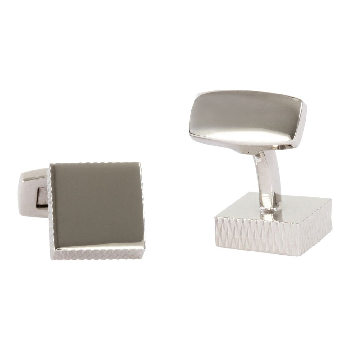 Square Plain Front Patterned Side Cufflinks - Leonard Silver - front and side view