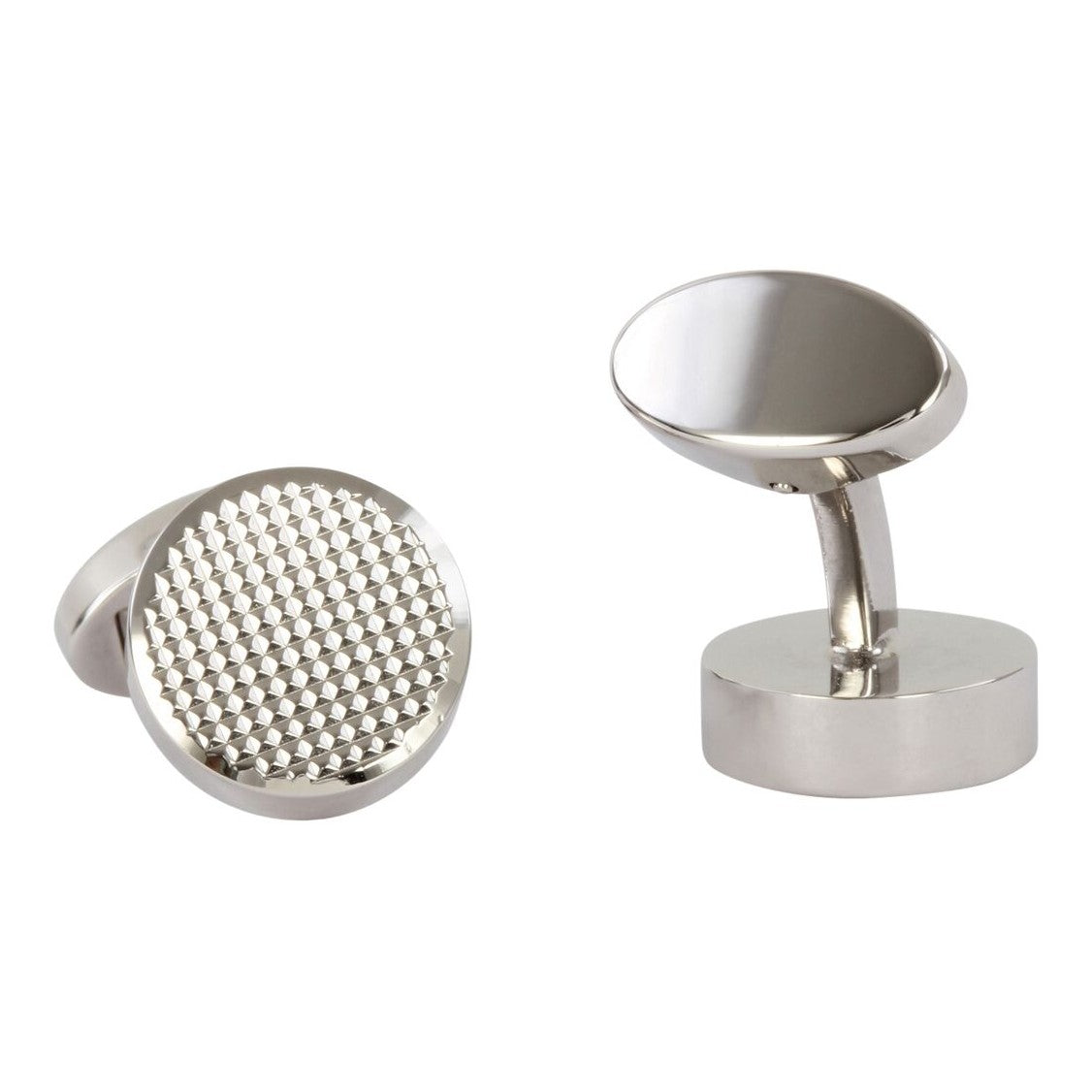 Round Chequered Front Cufflinks - Leonard Silver - front and back view