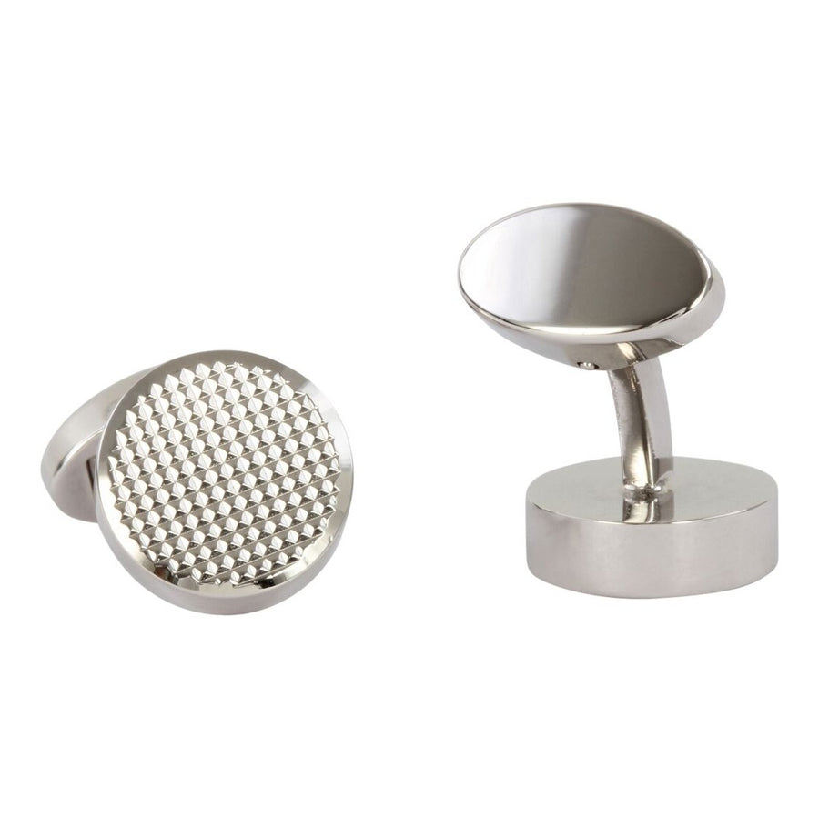 Round Chequered Front Cufflinks - Leonard Silver - front and back view