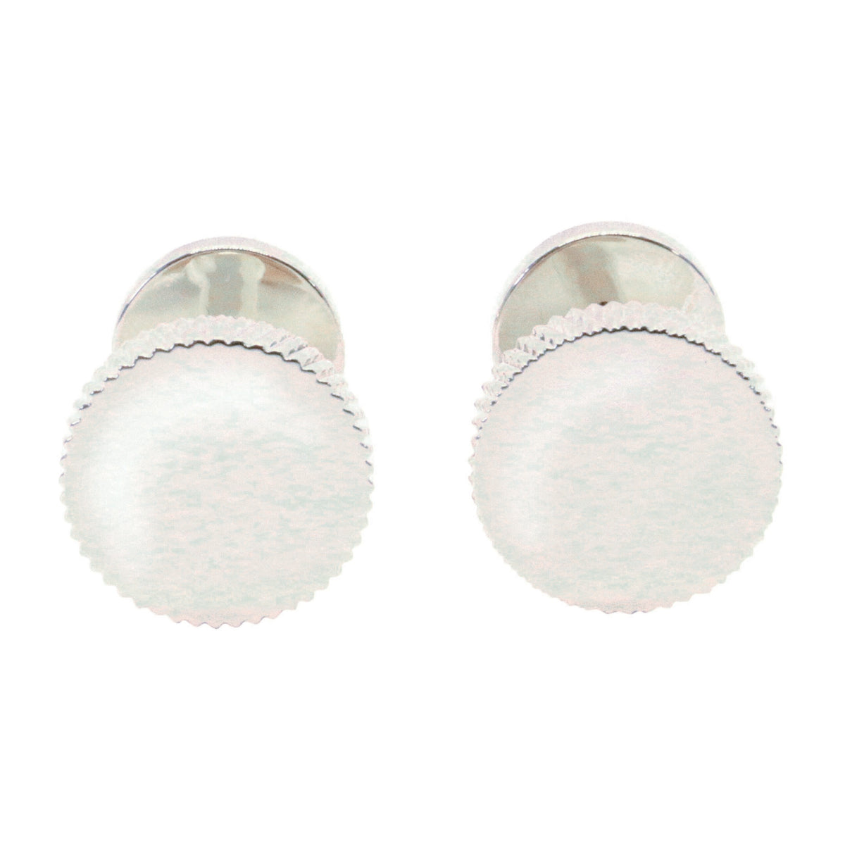 Rhodium Plated Round Ridged Edge Cufflinks - Leonard Silver - front view of pair