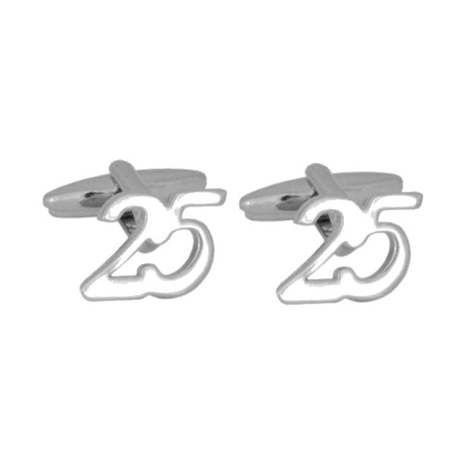 Number 25 Rhodium Plated Cufflinks - Leonard Silver - pair shown front and side