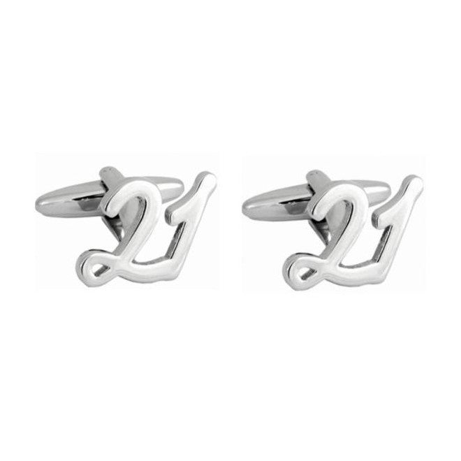 '21' Rhodium Plated Birthday Cufflinks - Leonard Silver - pair shown front on