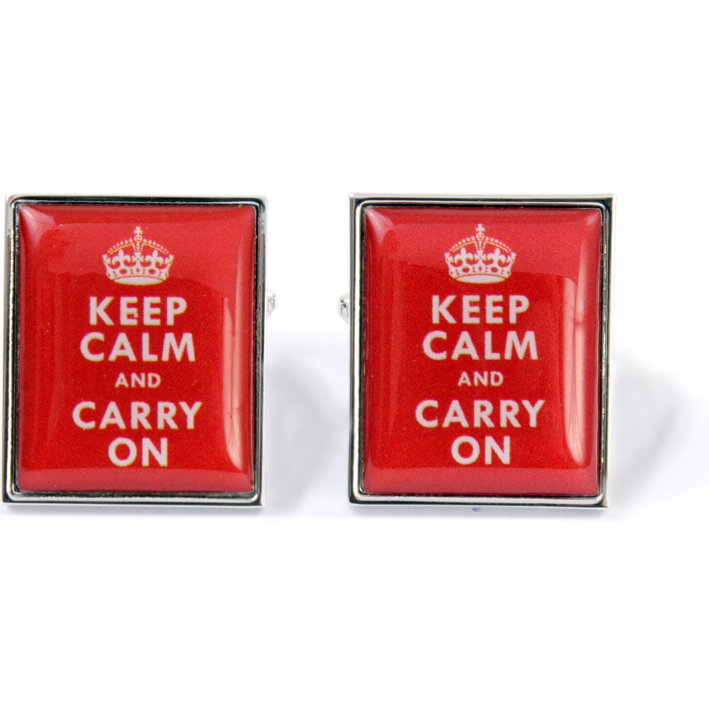 Red Keep Calm And Carry On Cufflinks - Leonard Silver - pair, front view
