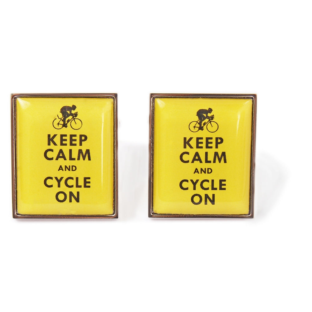 Keep Calm And Cycle On Cufflinks In Yellow - Leonard Silver - pair, front view