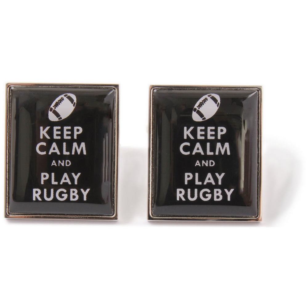 Keep Calm And Play Rugby Black Cufflinks - Leonard Silver - pair, front view