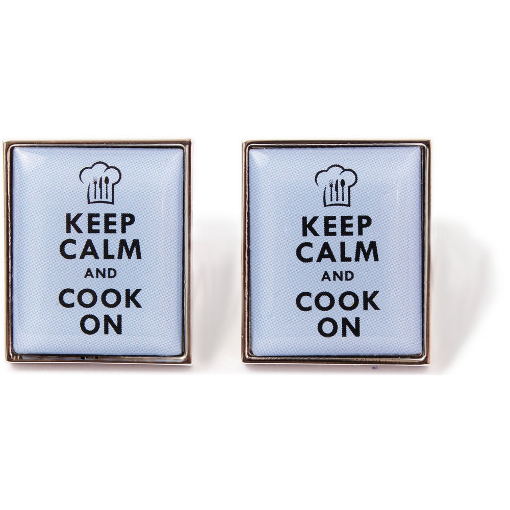 Blue Keep Calm And Cook On Cufflinks - Leonard Silver - front view of the pair