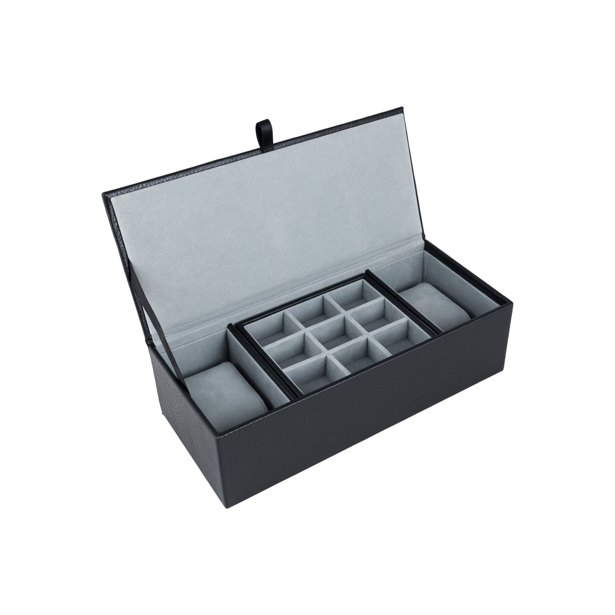Black Leatherette Watch And Cufflink Storage Box - Leonard Silver - open, showing grey suede interior and cufflink partitions