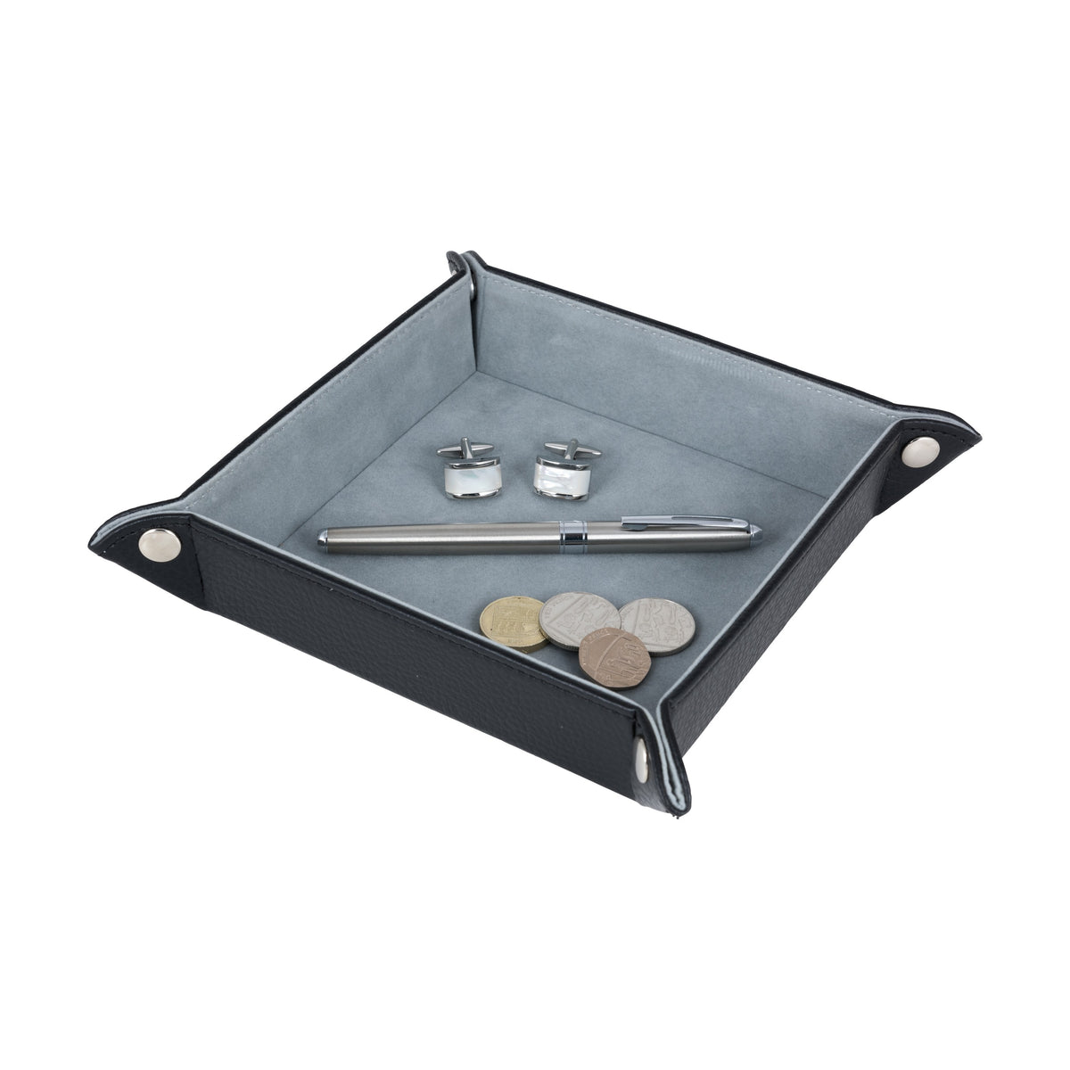 Black Leatherette Valet Tray - Leonard Silver - grey lining with cufflinks, pen and coins