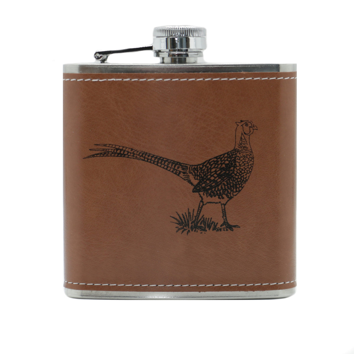 Pheasant Tan Leatherette Hip Flask 6oz - Leonard Silver - front