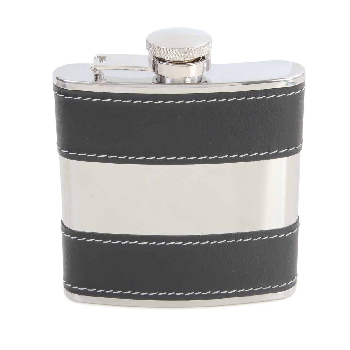 Black 6oz Hip Flask With Stainless Steel Centre - Leonard Silver - front