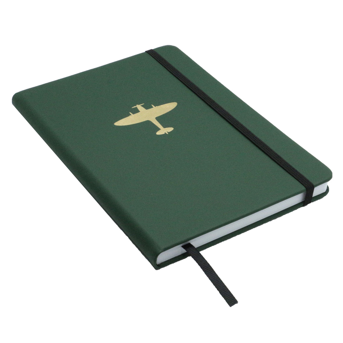 Green Spitfire Embossed A5 Lined Notebook - Leonard Silver - front cover with elastic band and ribbon marker