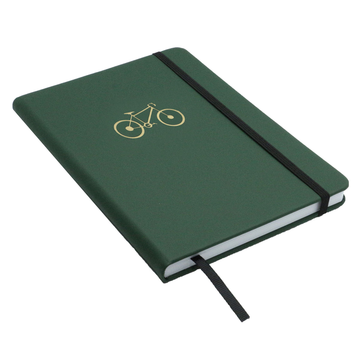 Green Bicycle A5 Lined Notebook - Leonard Silver - front cover with elastic closure and ribbon marker