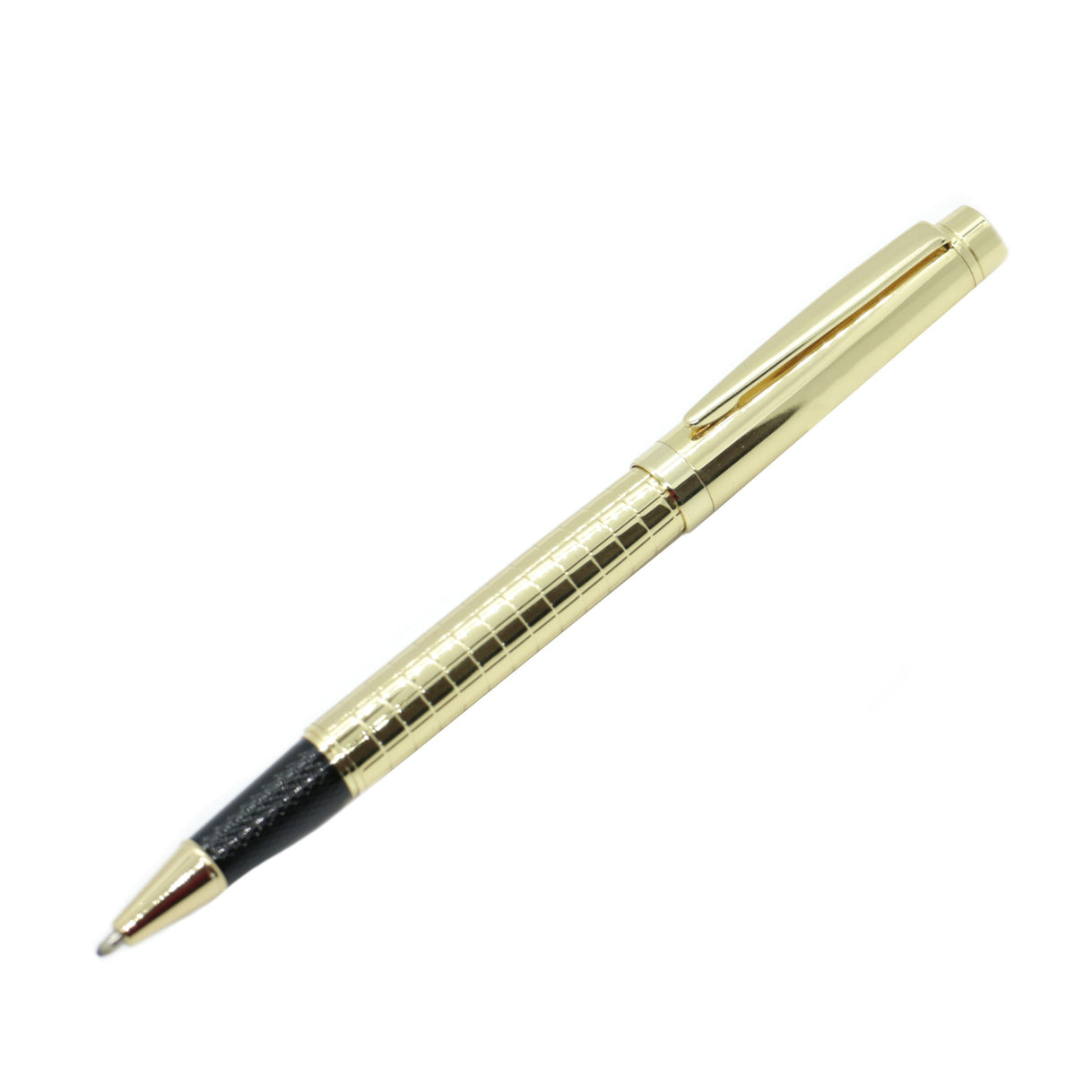 Gold Checker Roller Ball Pen - Leonard Silver - full length view with checked barrel and black grip
