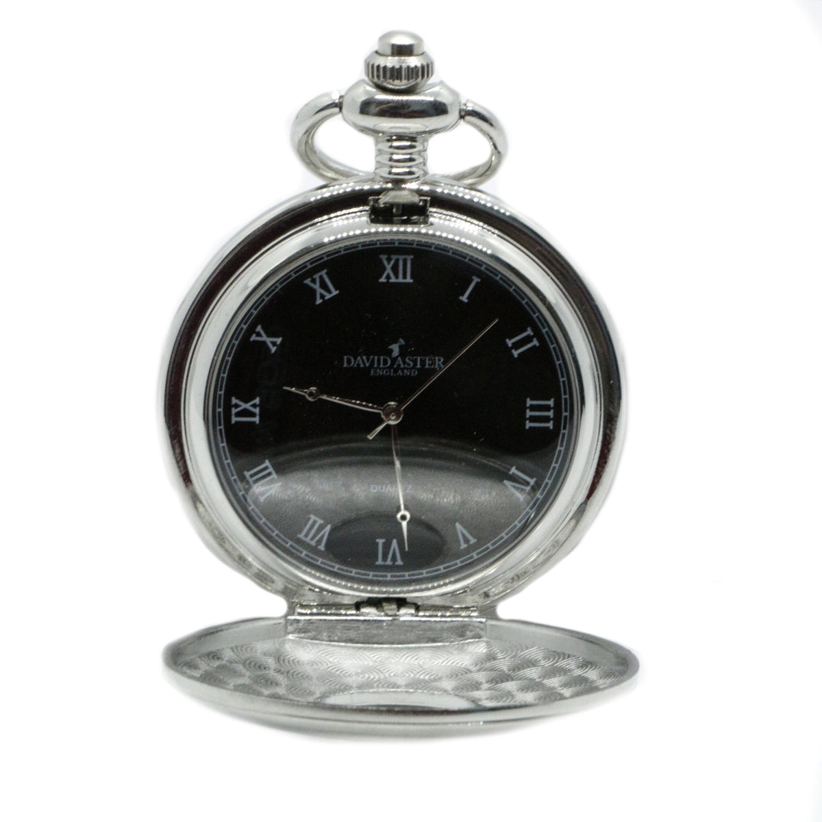 Black Dial Chrome Half Hunter Pocket Watch - Leonard Silver - cover open showing dial