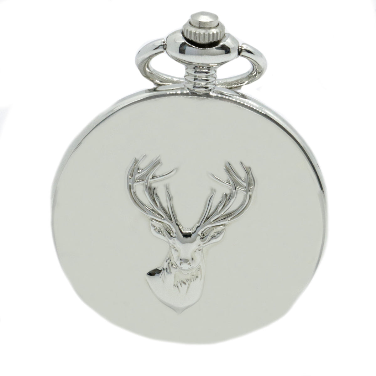 Stag Embossed Full Hunter Quartz Pocket Watch - Leonard Silver - closed cover with stag motif