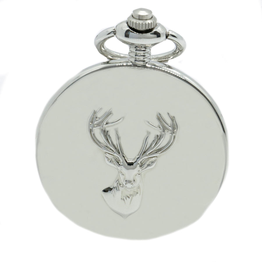 Stag Embossed Full Hunter Quartz Pocket Watch - Leonard Silver - closed cover with stag motif