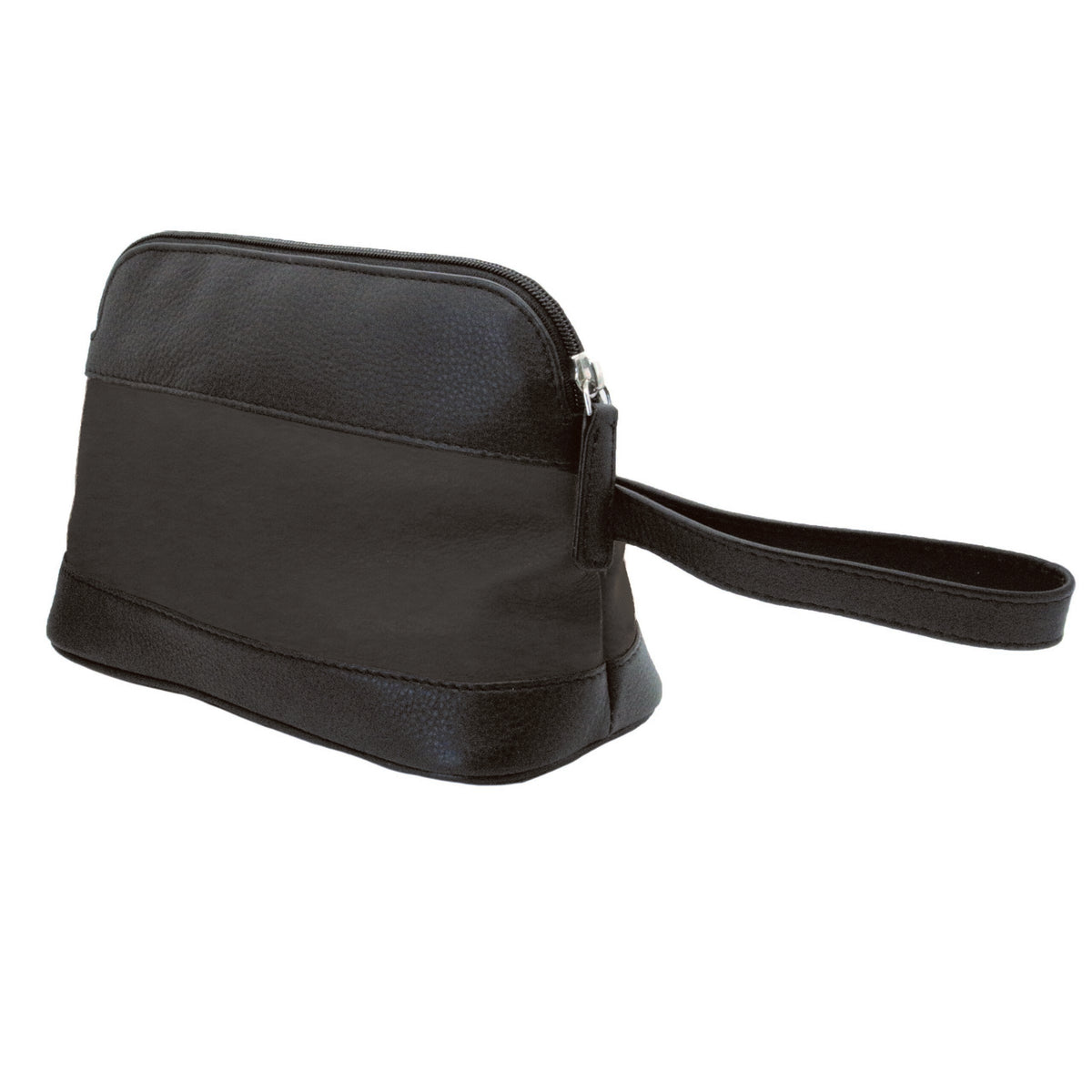 Black Leather Washbag - Leonard Silver - side view with wrist strap