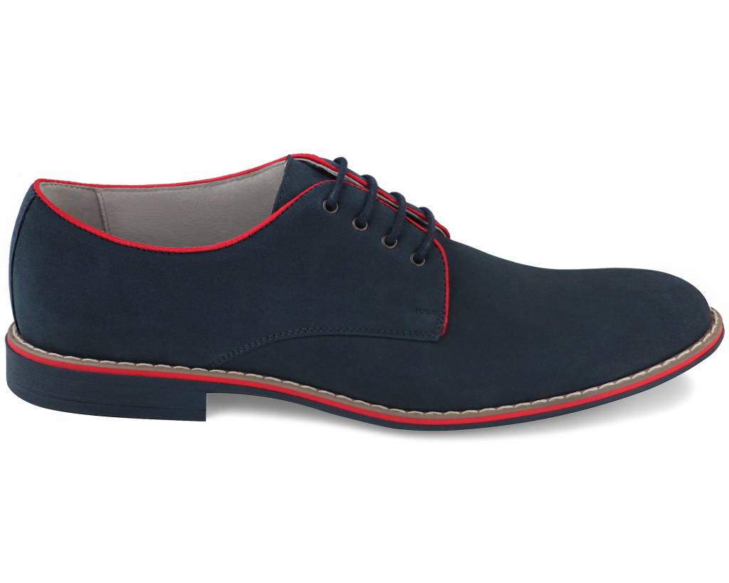Lacuzzo navy suede derby shoe, outside profile showing the red piping and red-striped sole
