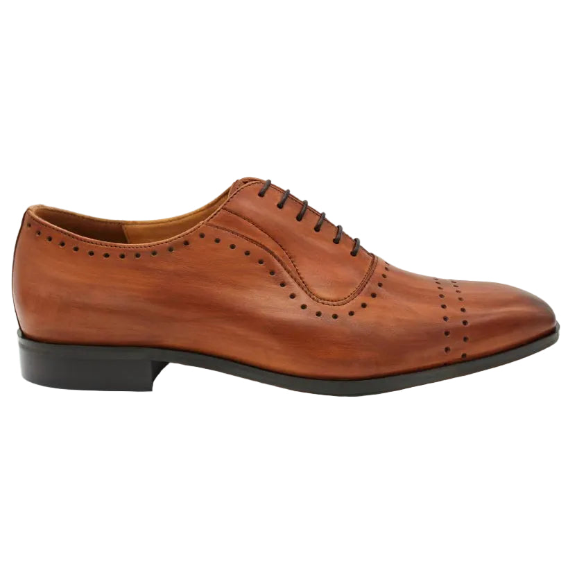 Lacuzzo Brown Dress Oxford Shoe, side profile of the hand-painted leather with punched detail