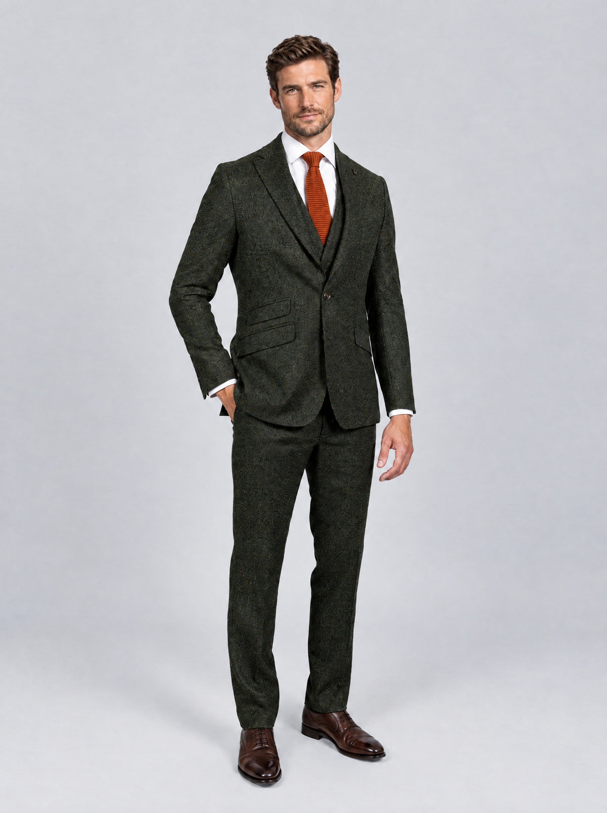 Green Multi Fleck Tweed Suit – full length three-piece