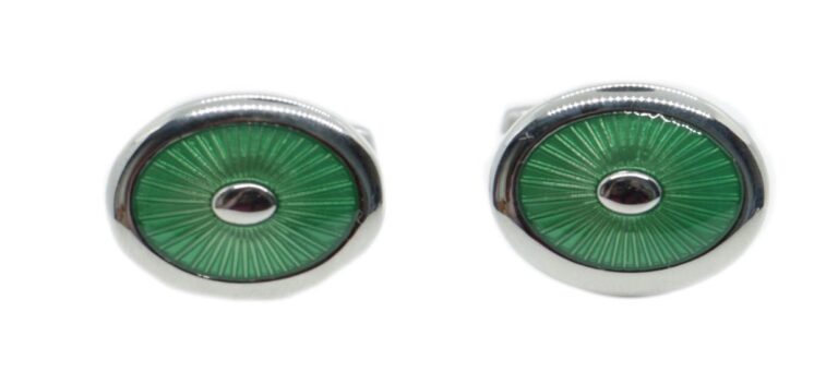 Green Enamel Oval Rhodium Plate Cufflinks - Leonard Silver Cuff Links