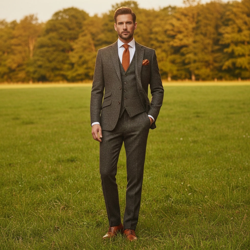 Man in a green suit standing in a grassy field with trees in the background