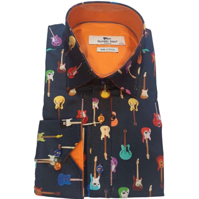 Guitar Print Shirt Navy - Claudio Lugli