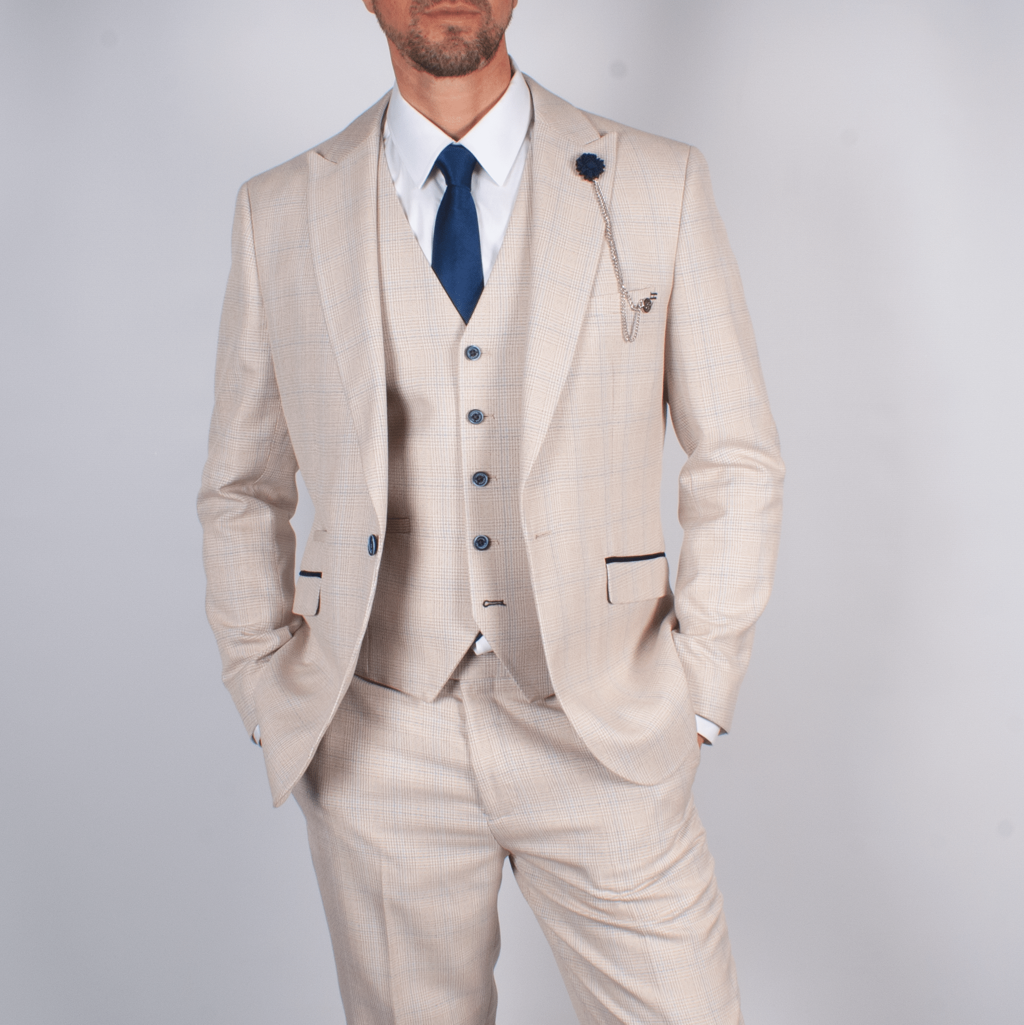 Ivory Check Peak Lapel 3-Piece Suit | Leonard Silver Ivory Check Peak Lapel 3-Piece Suit | Leonard Silver