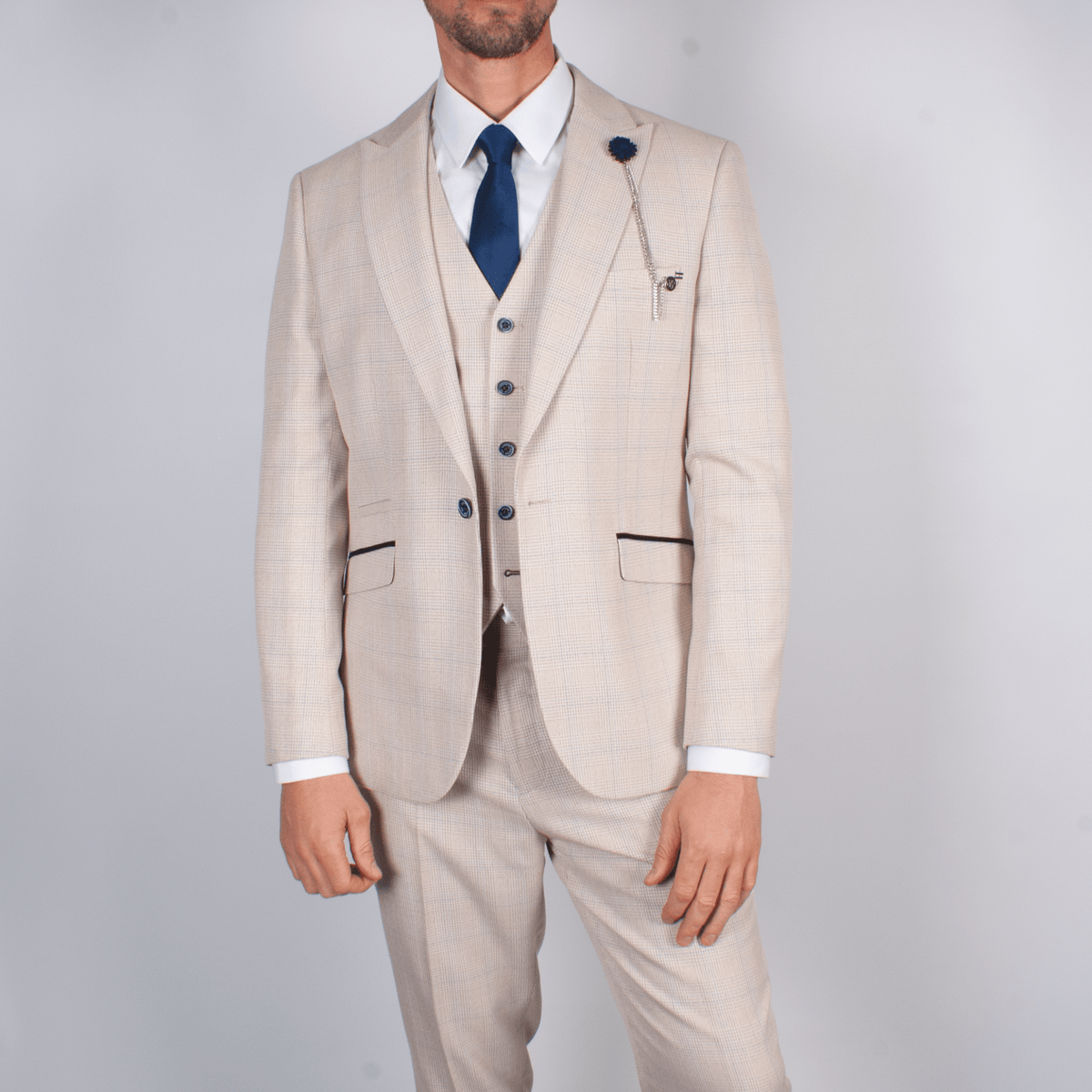 Ivory Suit With Check & Peak Lapels - Leonard Silver Suits