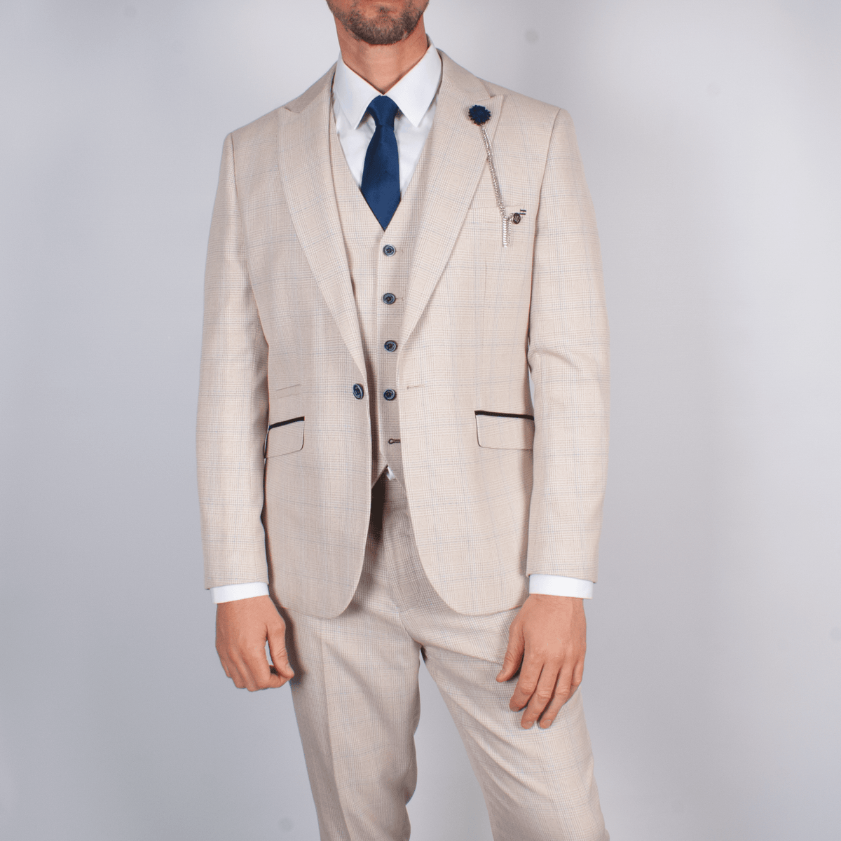 Ivory Suit With Check & Peak Lapels - Leonard Silver Suits