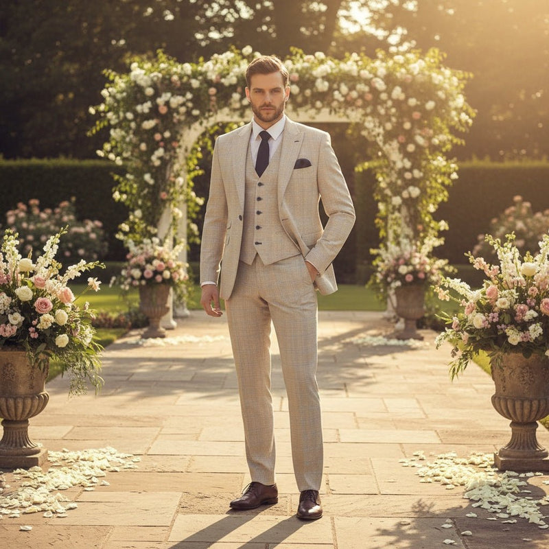 Ivory Suit With Check & Peak Lapels - Cavani Suits