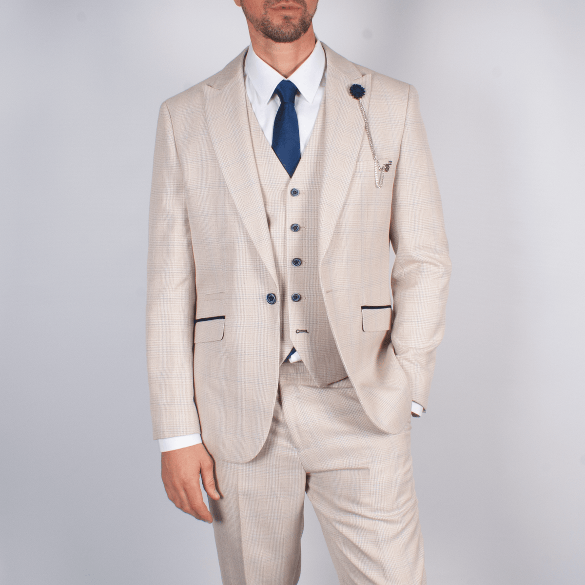 Ivory Suit With Check & Peak Lapels - Leonard Silver Suits