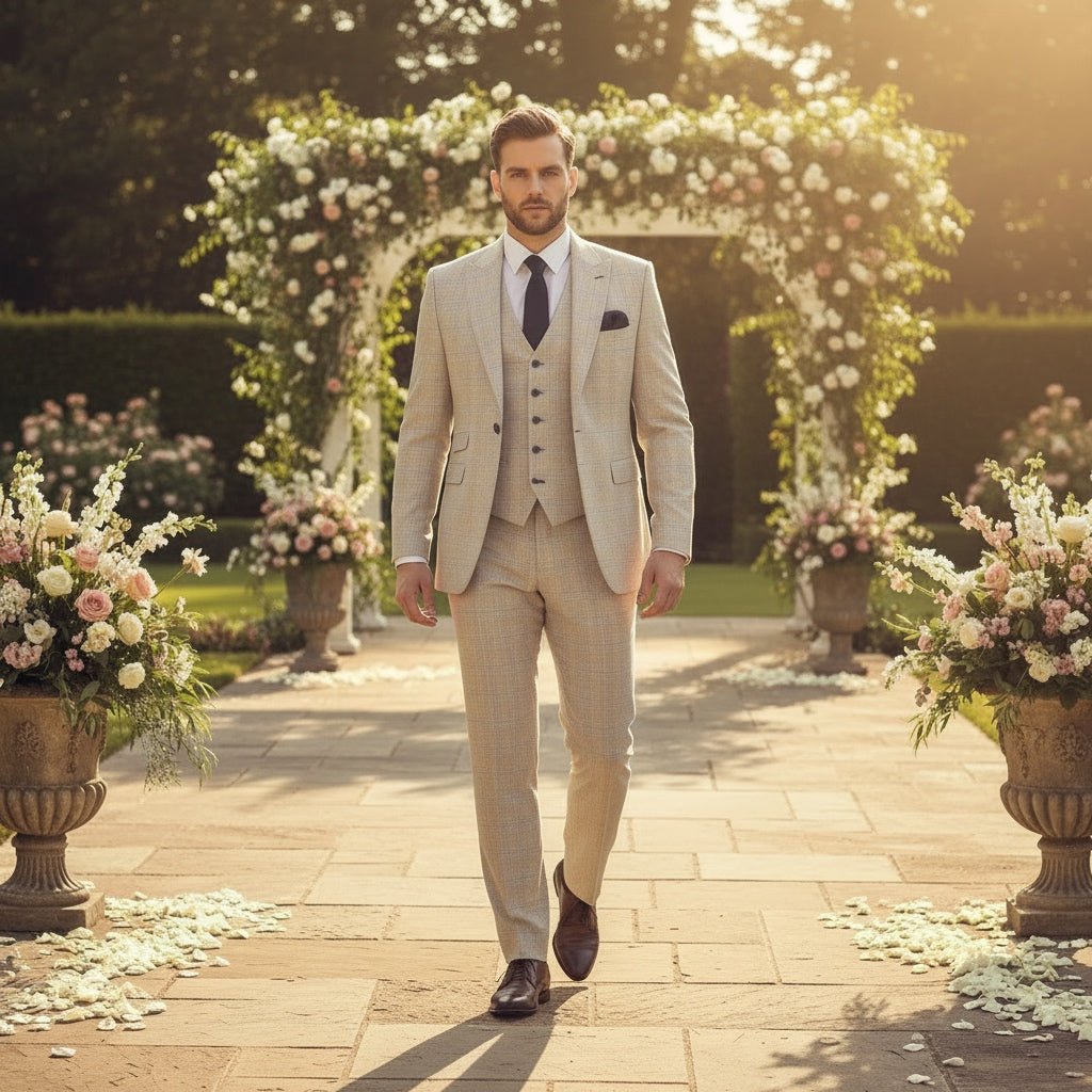 Ivory Suit With Check & Peak Lapels - Cavani Suits