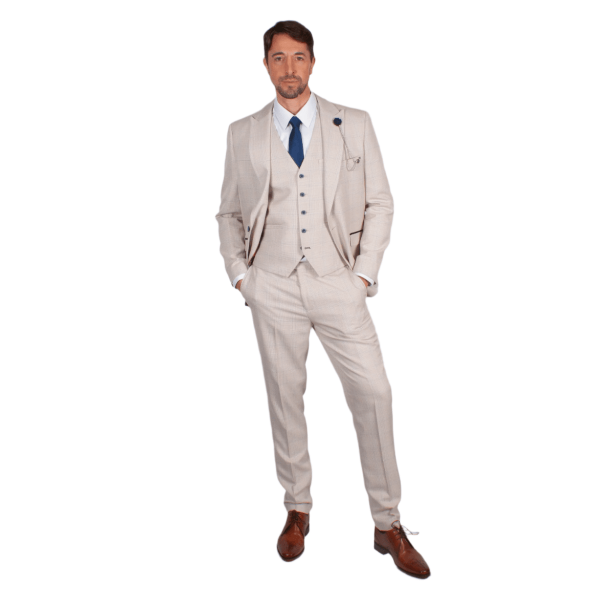 Ivory Suit With Check & Peak Lapels - Leonard Silver Suits